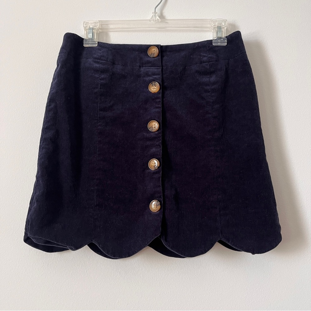 Southern Proper Blue Corduroy Skirt Button Scallop Hem